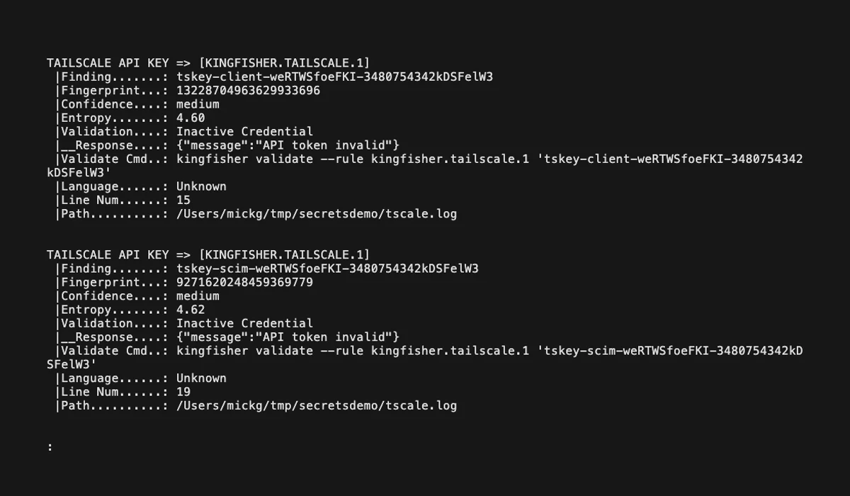 Kingfisher validation output for two TAILSCALE API keys — finding tskey-client and tskey-scim, fingerprint, confidence medium, entropy 4.60 and 4.62, validation 'Inactive Credential' with provider response 'API token invalid' confirming the live API check ran