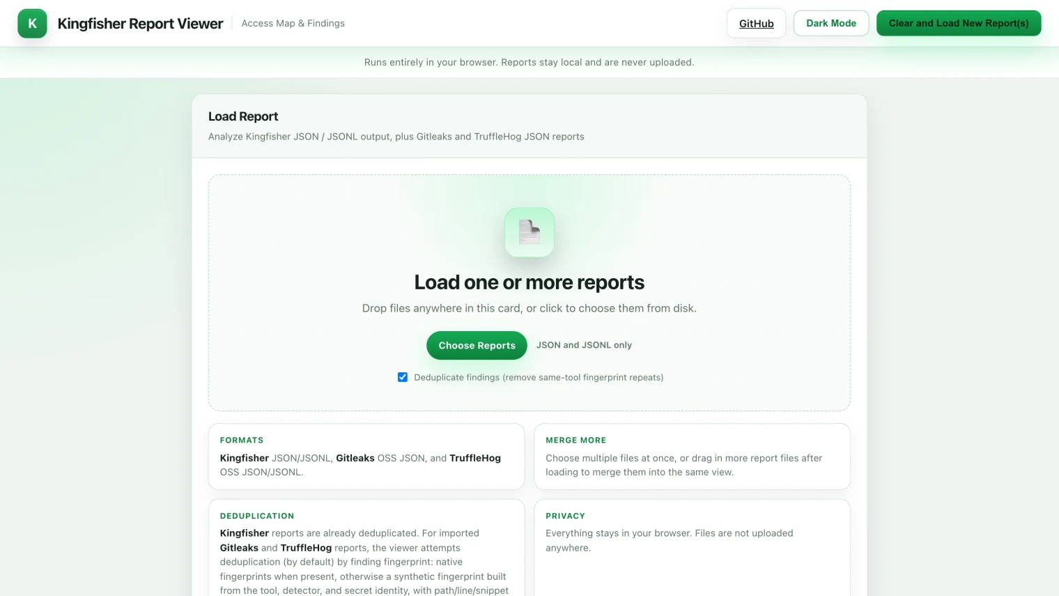 Live Kingfisher Report Viewer at mongodb.github.io/kingfisher/viewer — header reads 'Kingfisher Report Viewer | Access Map and Findings', a 'Runs entirely in your browser' privacy bar, a 'Load one or more reports' drop-zone, and four info cards: FORMATS (Kingfisher JSON/JSONL, Gitleaks OSS JSON, TruffleHog OSS JSON/JSONL), MERGE MORE, DEDUPLICATION, PRIVACY