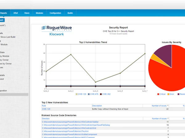 Klocwork security report dashboard showing top vulnerabilities trend chart, issues by severity, and new vulnerability list