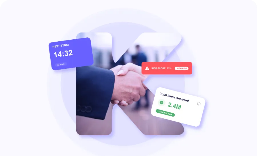 Knostic knowledge security overview showing risk score assessment, sync monitoring, and total items analyzed across enterprise AI deployments