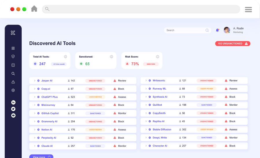 Knostic platform dashboard showing discovered AI tools with risk scores, sanction status, and policy actions across 247 monitored AI services