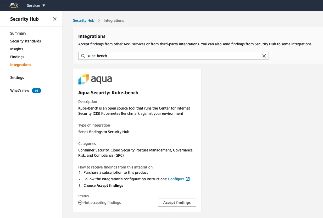 kube-bench findings displayed in AWS Security Hub showing CIS Kubernetes Benchmark compliance results with pass and fail checks for cluster configuration