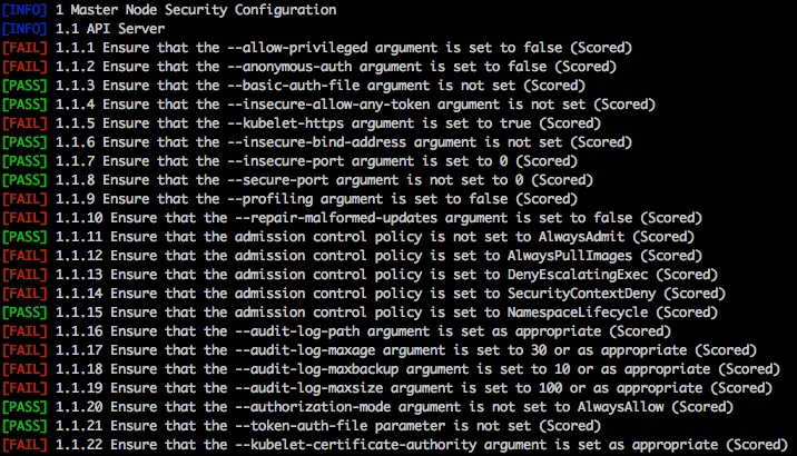 kube-bench scan results showing CIS Benchmark pass/fail output with remediation guidance
