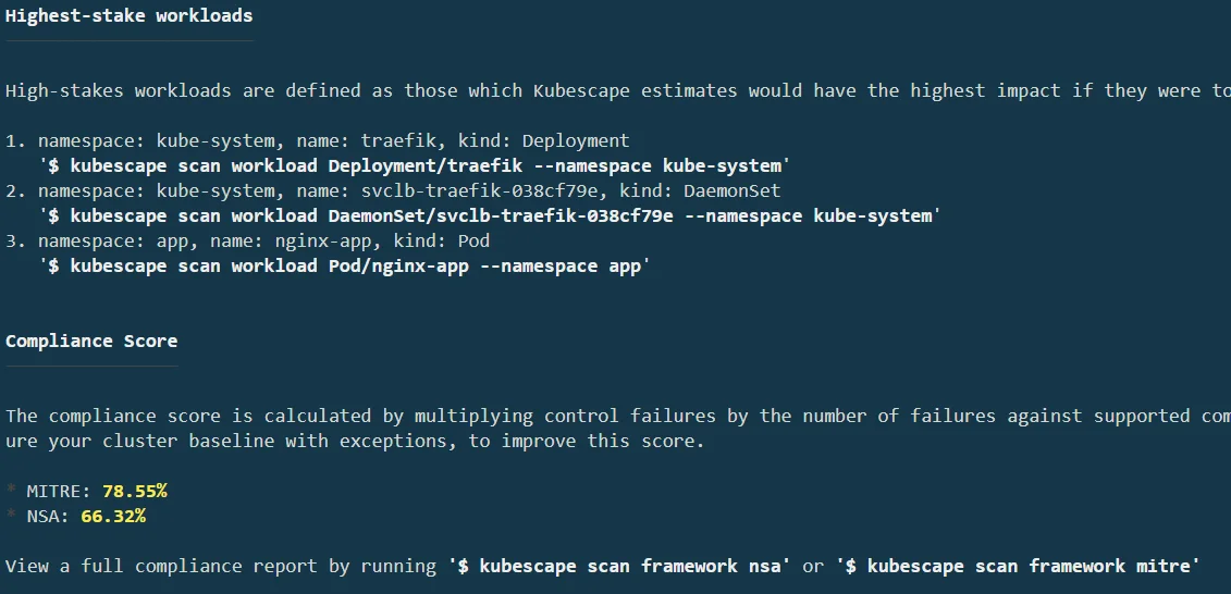 Kubescape CLI scan summary showing NSA compliance score 66.32% and MITRE ATT&CK score 78.55% for a Kubernetes cluster