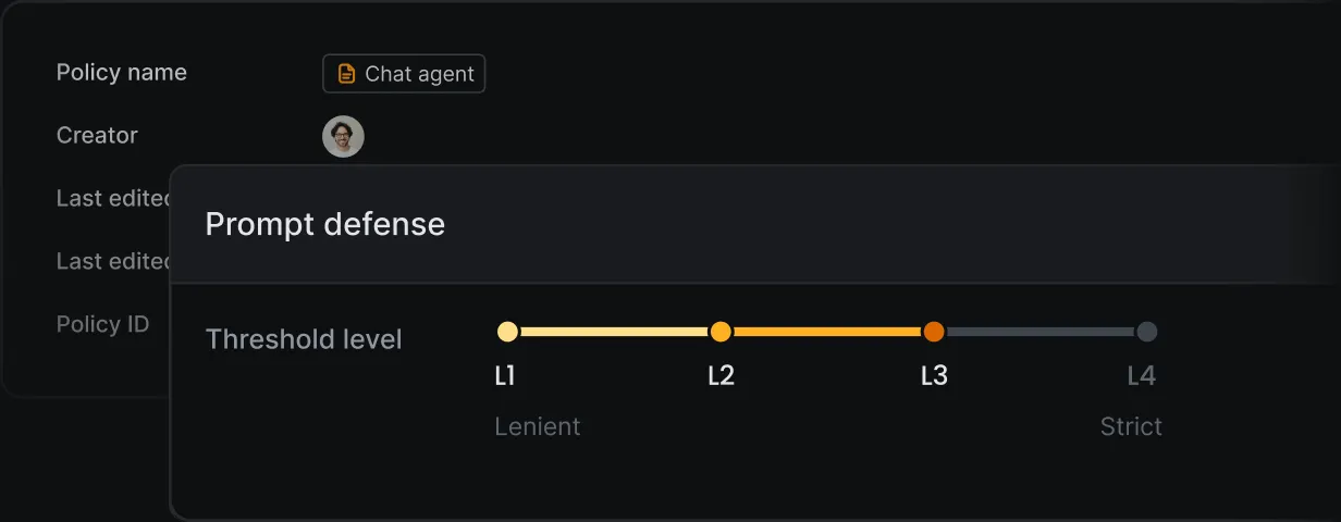 Lakera Guard Policy Center showing prompt defense threshold configuration from lenient to strict