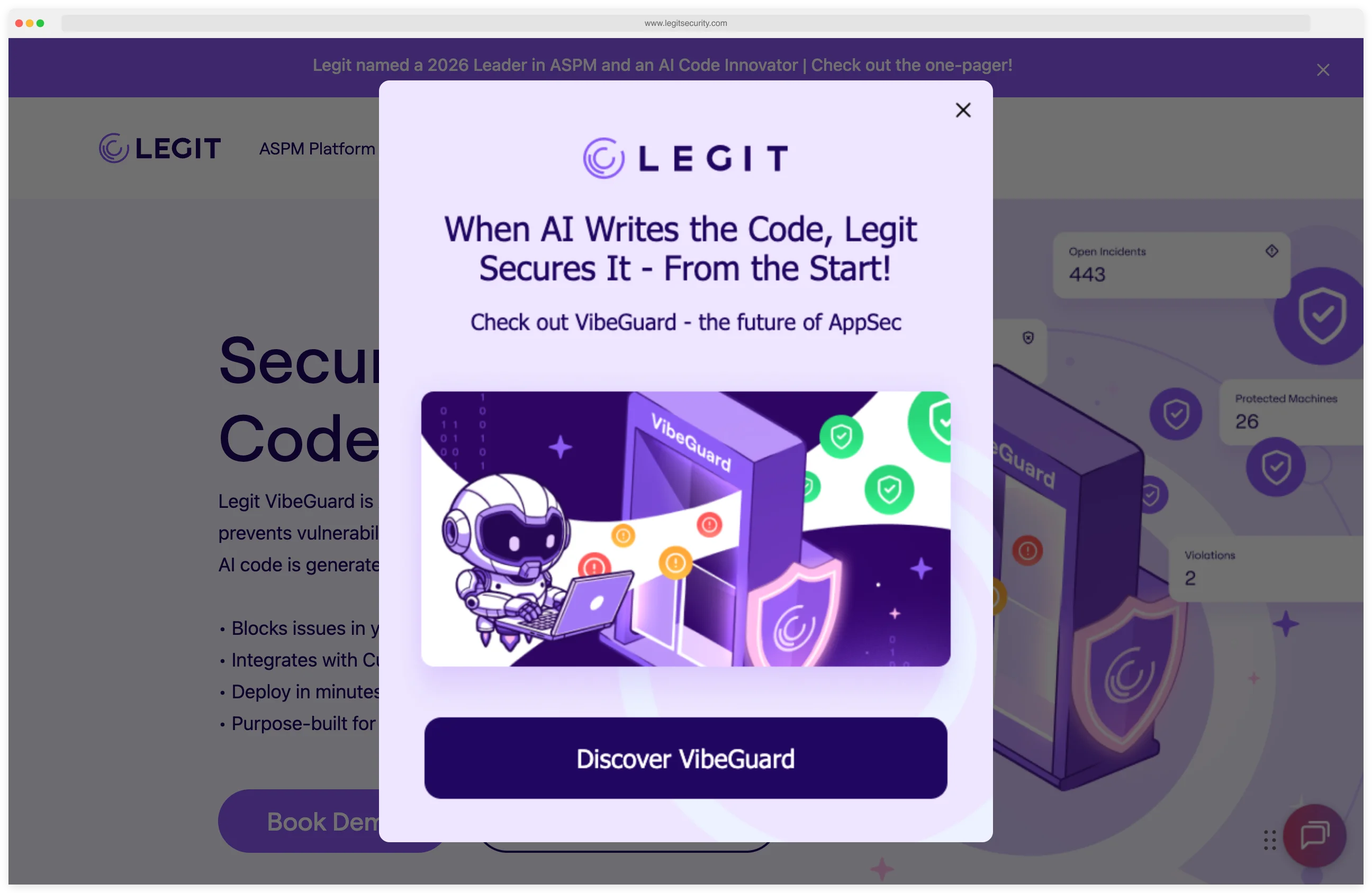 Legit Security ASPM platform homepage showing application security posture management with secrets detection, IaC scanning, and AI code review