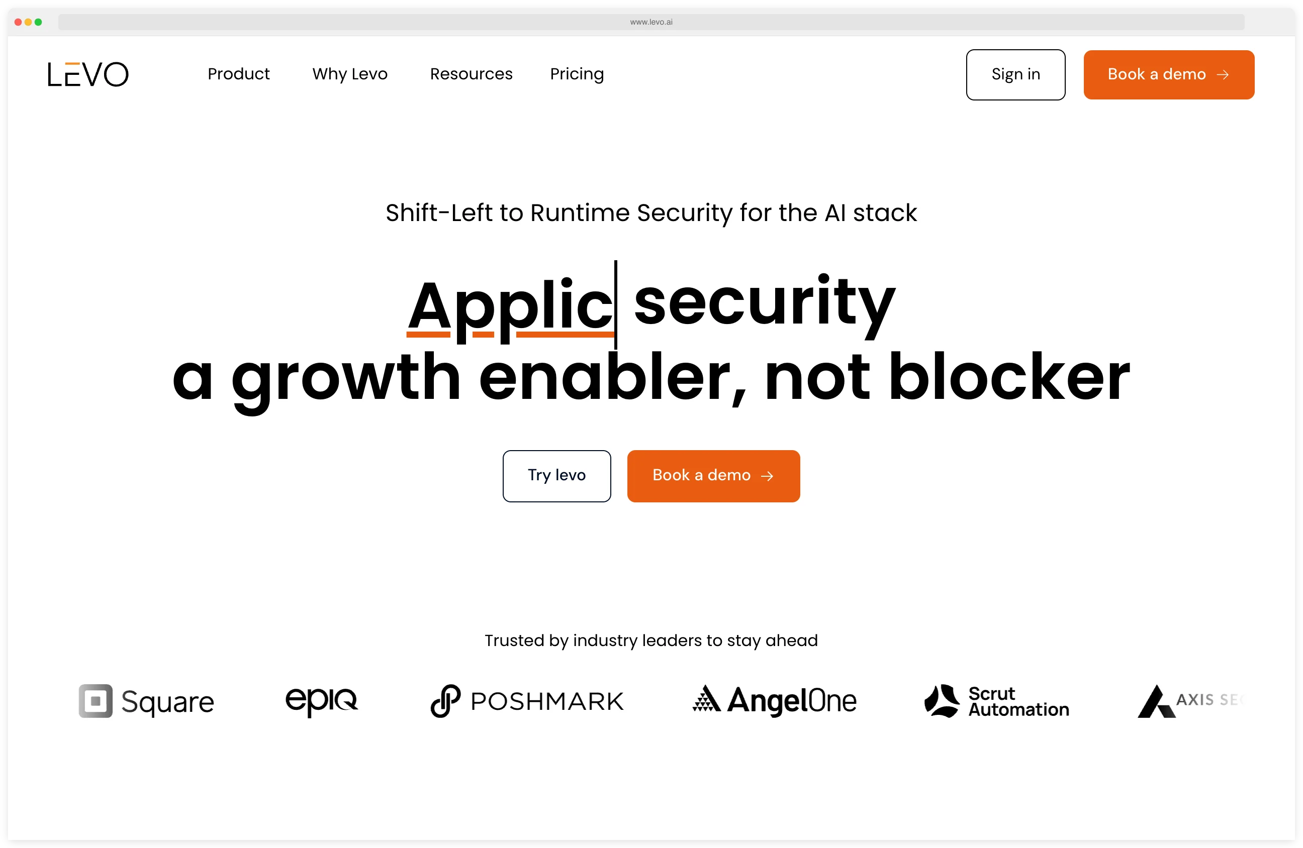 Levo.ai API security platform homepage showing API discovery, testing, and runtime protection architecture