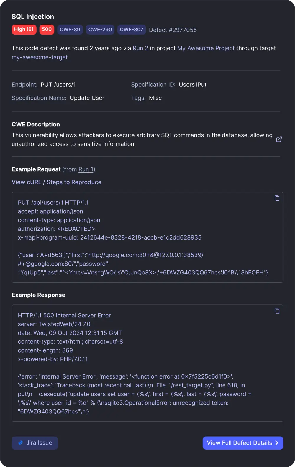 Mayhem API defect detail showing a SQL Injection finding with CWE classification, proof-of-vulnerability cURL request, and server error response
