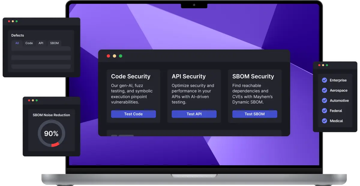 Mayhem Security platform overview showing Code Security, API Security, and SBOM Security testing modes with defect tracking sidebar and 90% SBOM noise reduction metric