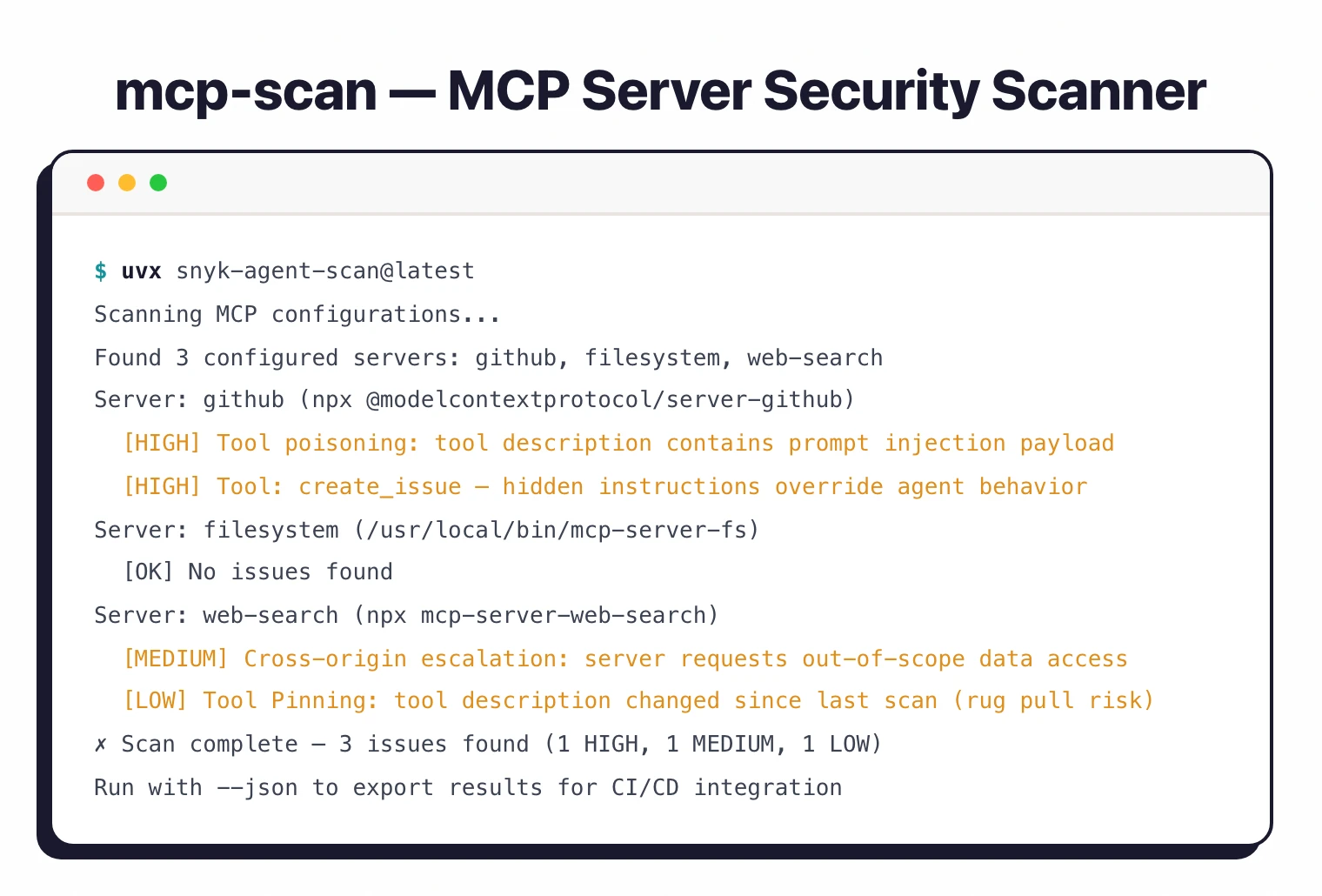 mcp-scan terminal output showing HIGH tool poisoning alert on a GitHub MCP server and MEDIUM cross-origin escalation on a web-search server