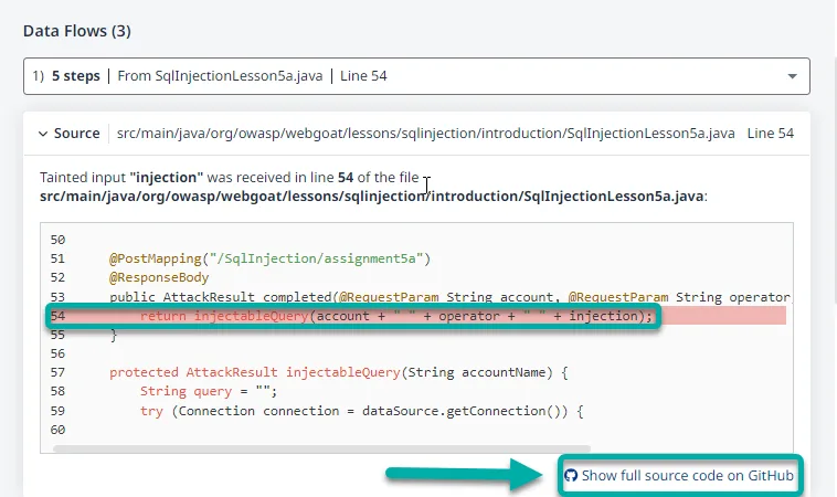 Mend SAST data flow analysis showing tainted data paths with file locations and code snippets