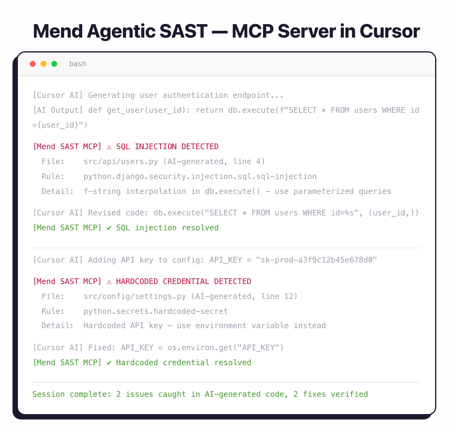 Mend Agentic SAST MCP server catching a SQL injection and hardcoded credential in AI-generated code, then verifying the fixes in a single session