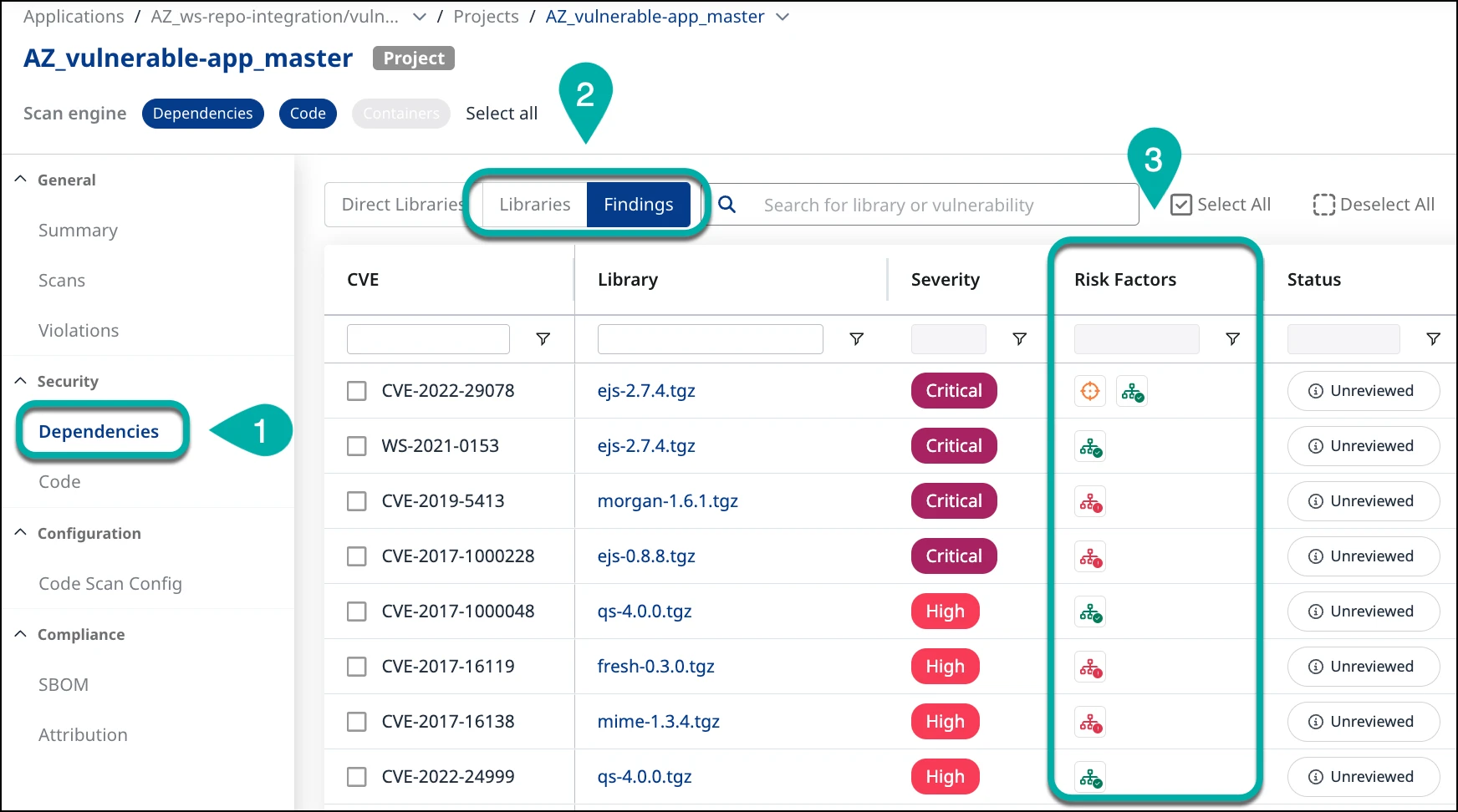 Mend Platform SCA findings view showing CVEs with Risk Factors reachability icons and severity levels for dependency vulnerabilities