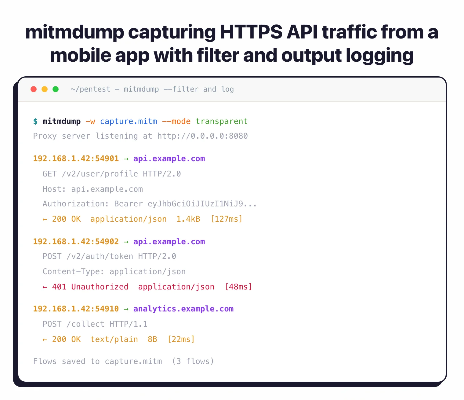 mitmdump capturing HTTPS API traffic from a mobile app showing requests, response codes, and latency