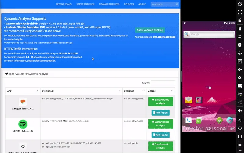 MobSF Android dynamic analysis showing runtime instrumentation and API monitoring