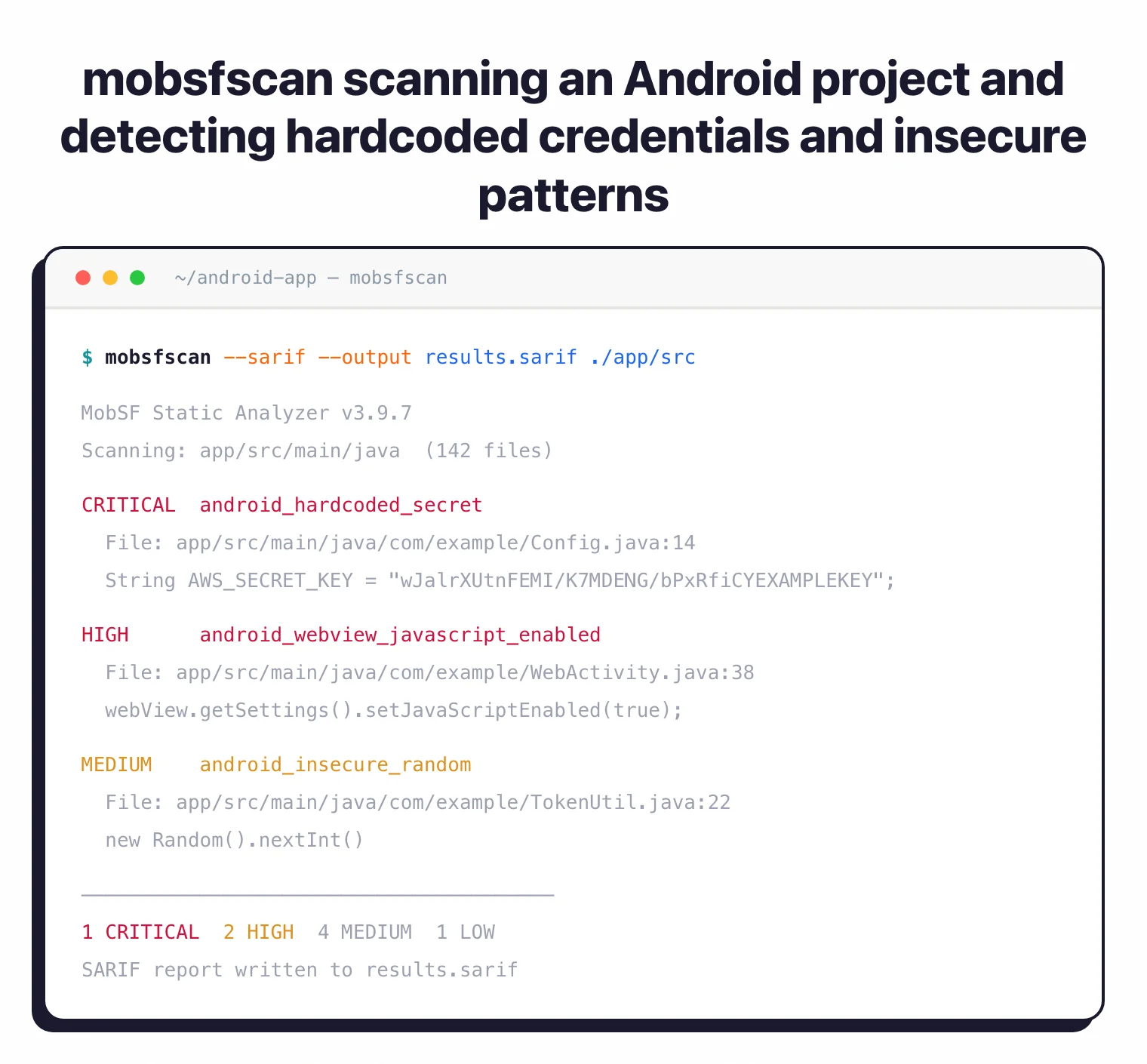 mobsfscan CLI detecting hardcoded AWS credentials and insecure WebView configuration in an Android project