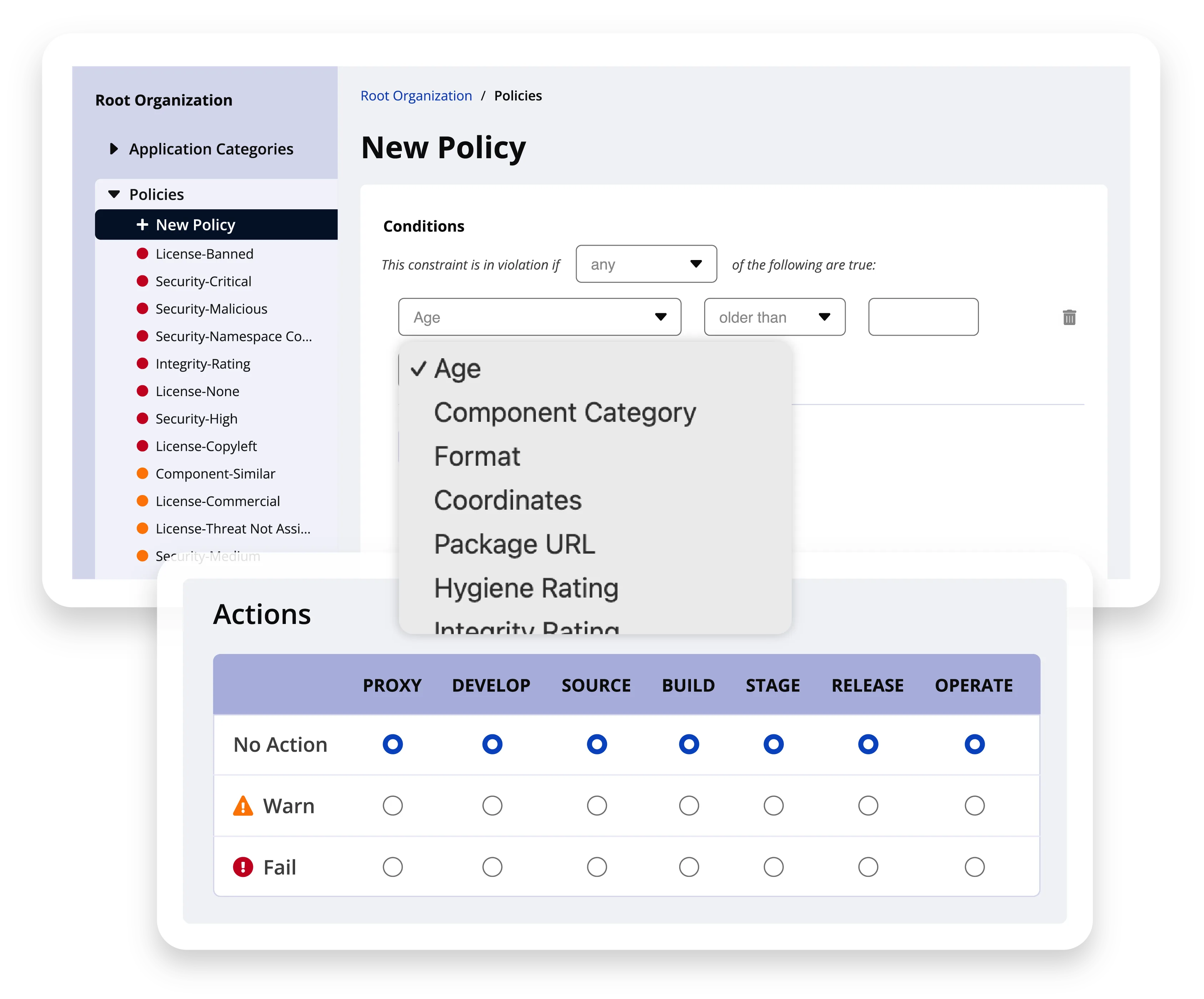 Sonatype Lifecycle policy creation interface showing configurable security constraints