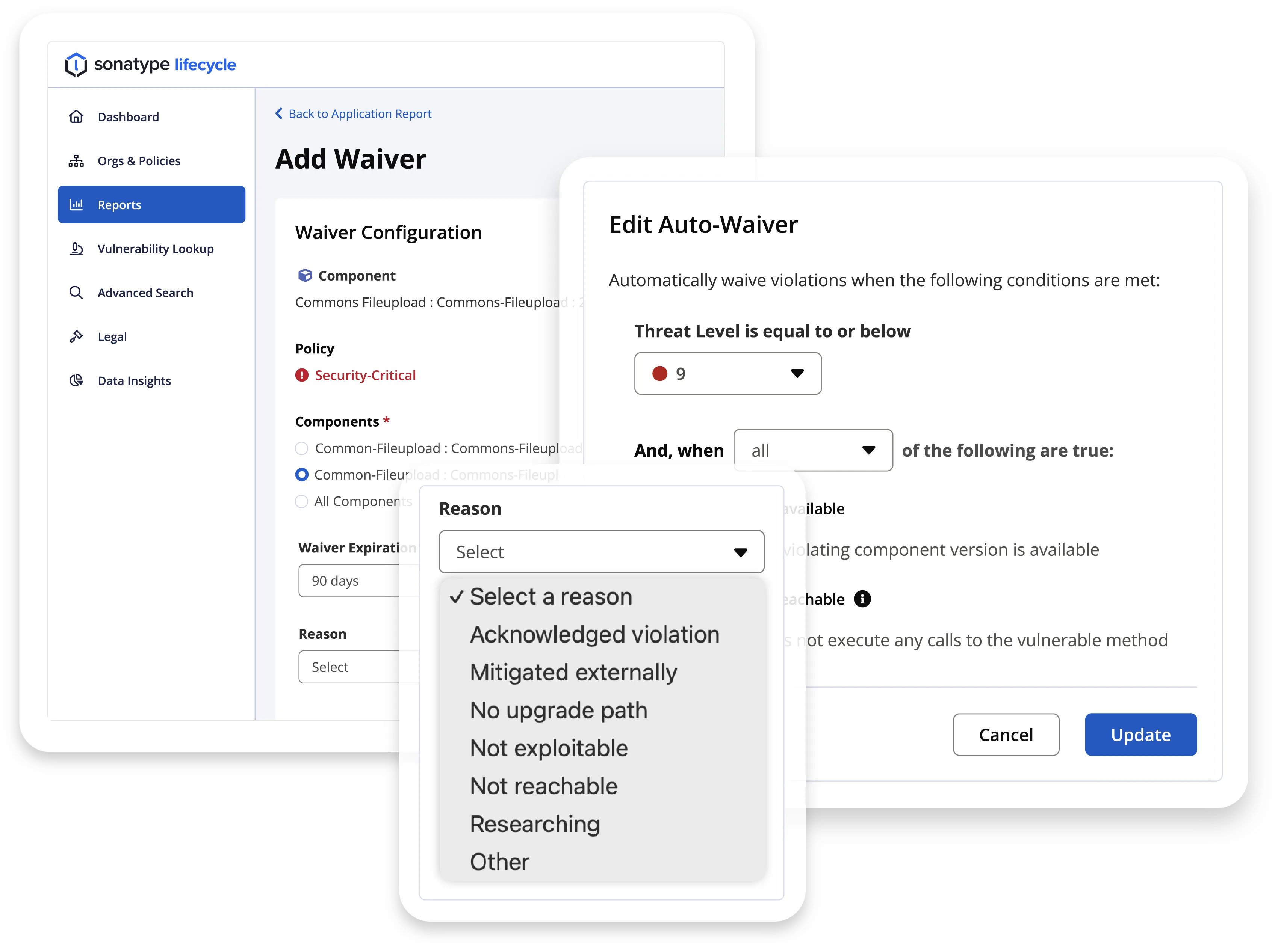 Sonatype Lifecycle waiver dashboard for managing vulnerability exemptions and risk acceptance