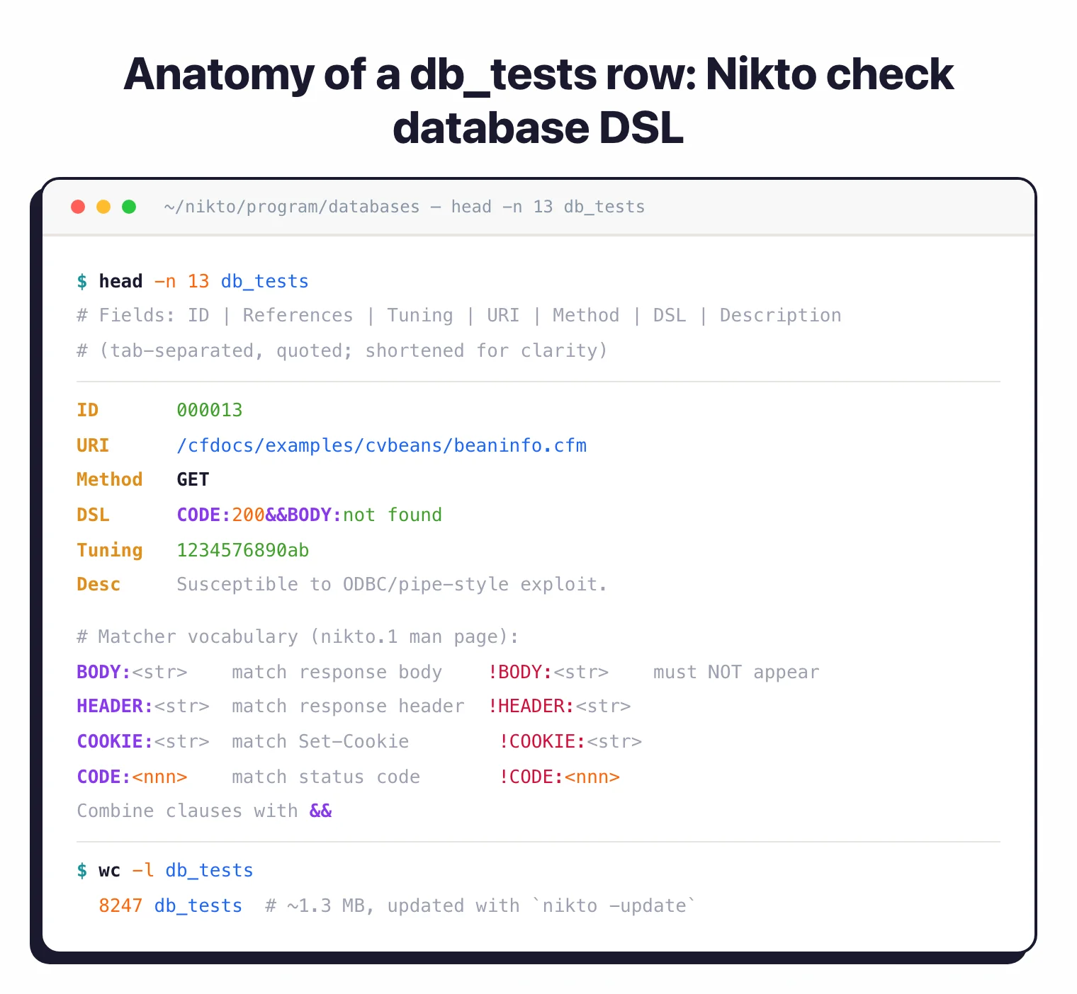 Terminal excerpt of Nikto db_tests row 000013 showing the ID, URI /cfdocs/examples/cvbeans/beaninfo.cfm, GET method, and the DSL matcher CODE:200&&BODY:not found, alongside the full matcher vocabulary (BODY:, HEADER:, COOKIE:, CODE: with negation and && combinators) from the nikto.1 man page