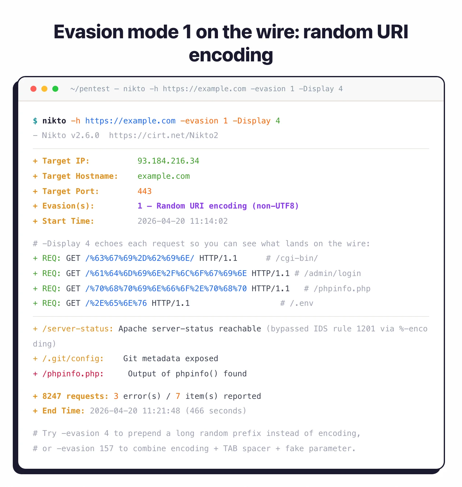 Terminal output from nikto -h https://example.com -evasion 1 -Display 4, showing Nikto 2.6.0 emitting URL-encoded GET requests to /cgi-bin/, /admin/login, /phpinfo.php, and /.env as hex-escaped paths, followed by findings for /server-status, /.git/config, and /phpinfo.php