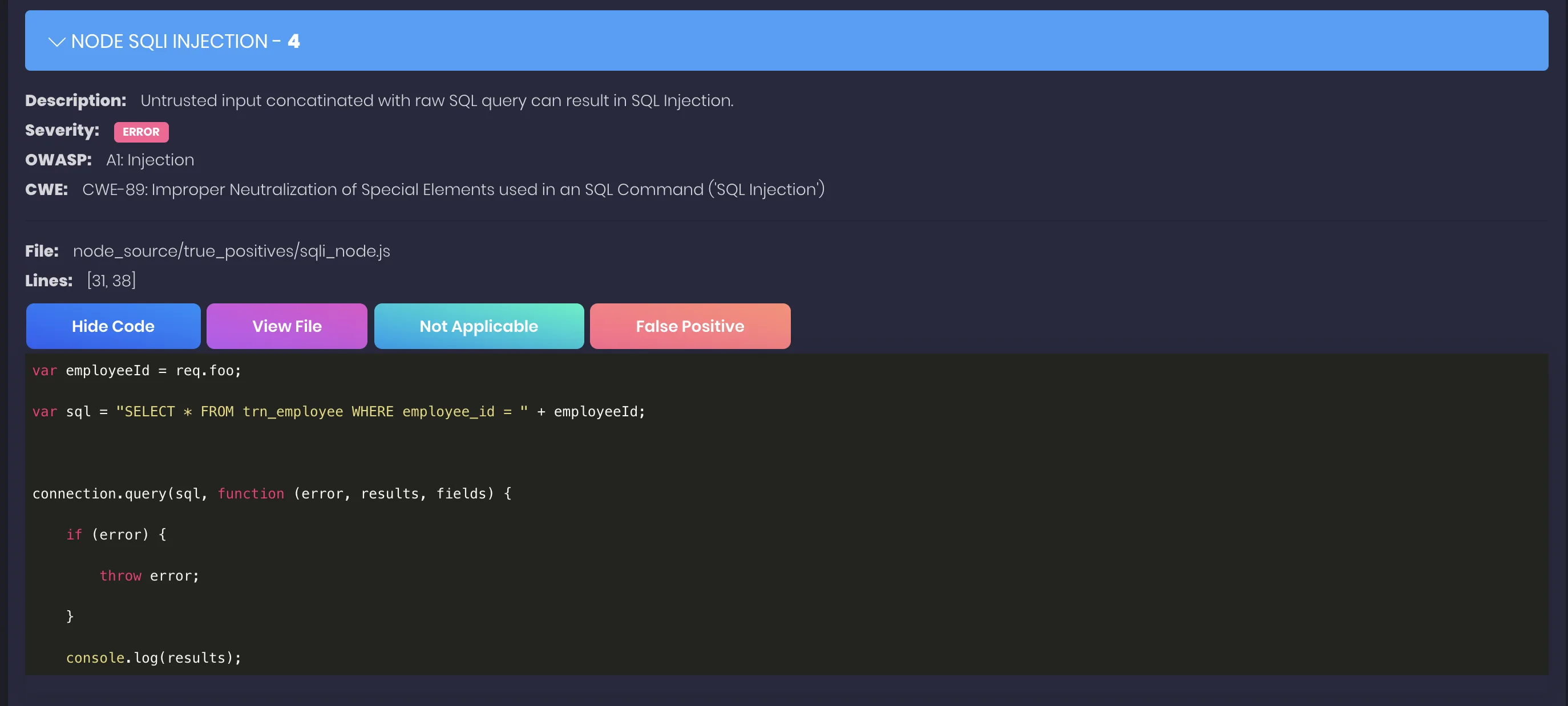 NodeJSScan detailed findings showing vulnerability descriptions and code locations
