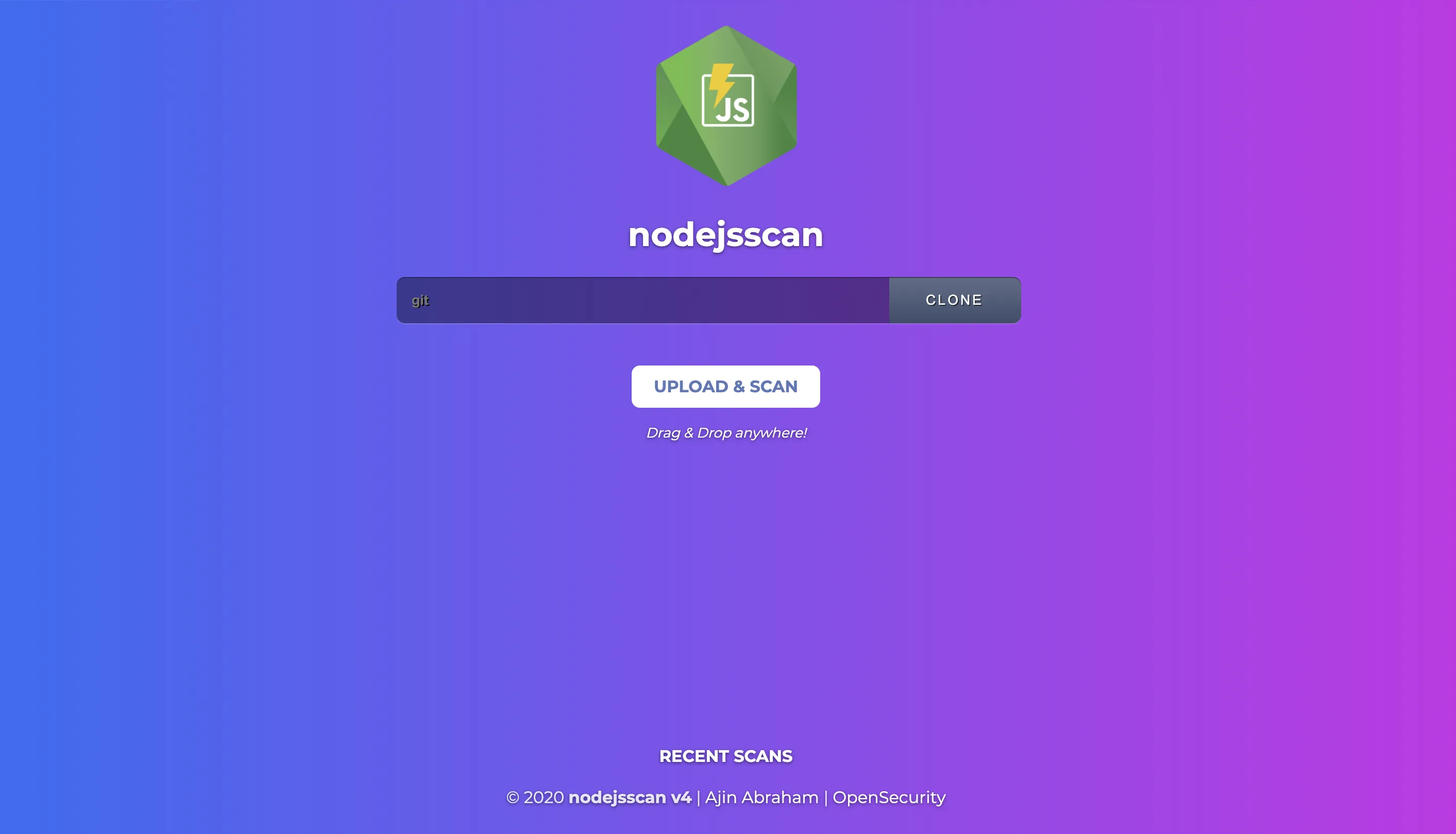 NodeJSScan web interface for uploading and scanning Node.js source code