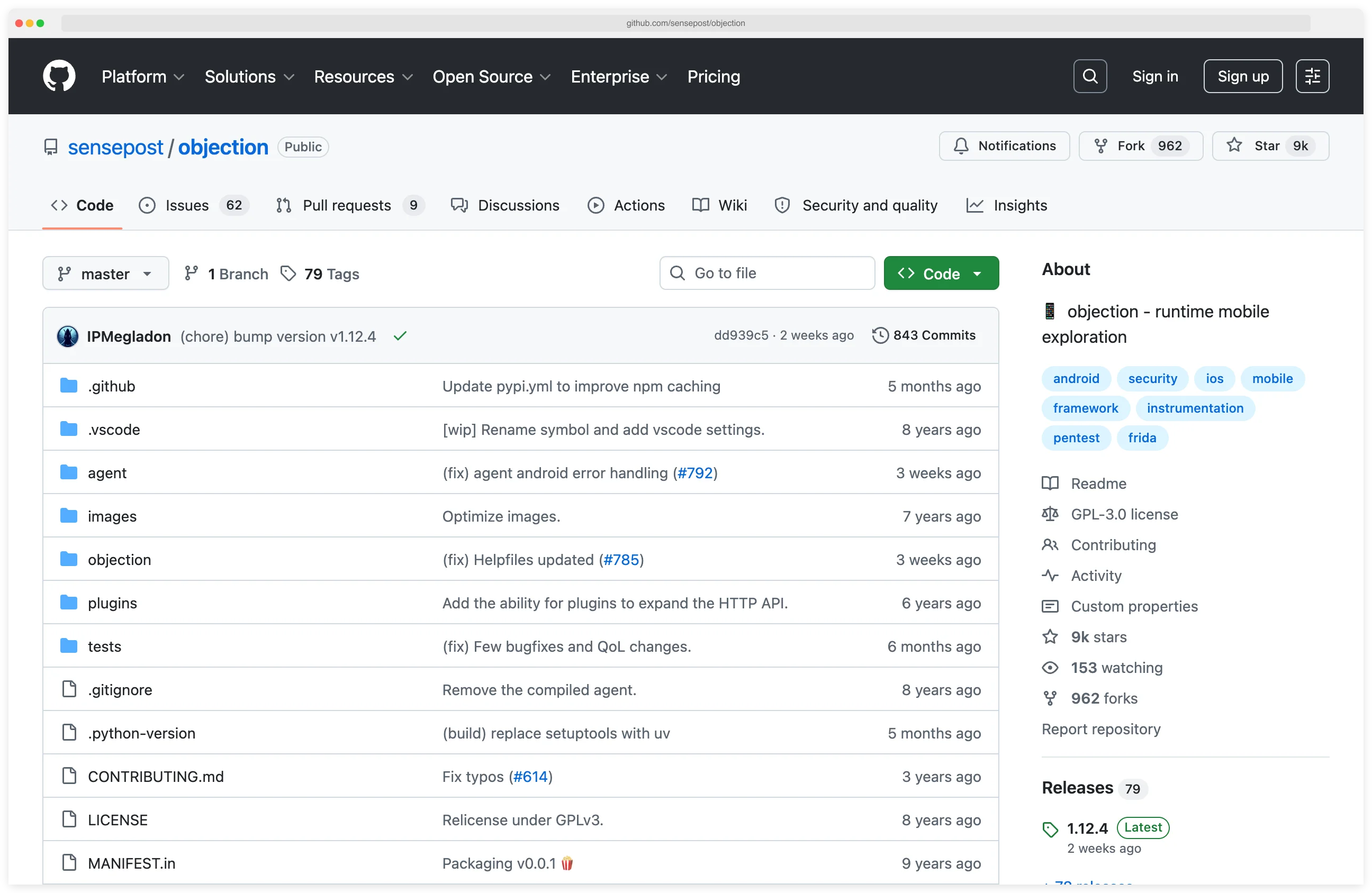Objection GitHub repository (github.com/sensepost/objection) showing 9k stars, 962 forks, 79 tags, GPL-3.0 license, latest release v1.12.4 from two weeks ago, and the project's directory structure including agent, objection, plugins, and tests folders.