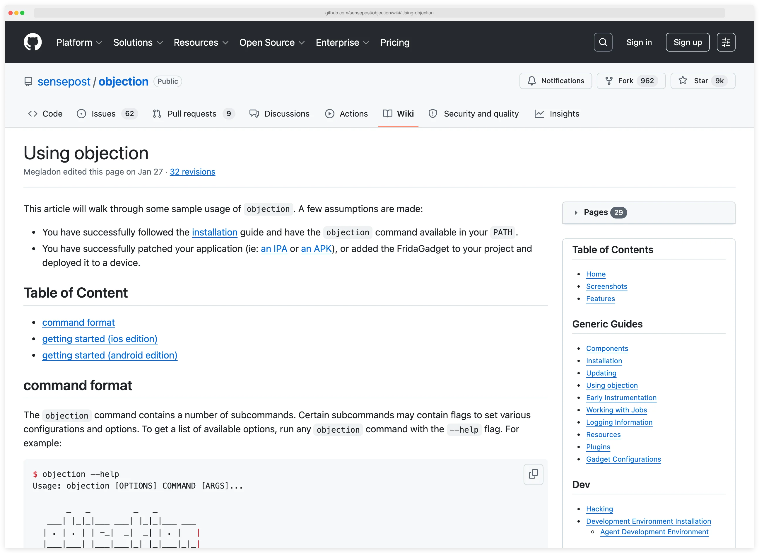Objection 'Using objection' wiki page on github.com/sensepost/objection/wiki, showing the table of contents (command format, getting started iOS/Android edition), the command format section explaining subcommands and flags, and the start of an 'objection --help' terminal output block.