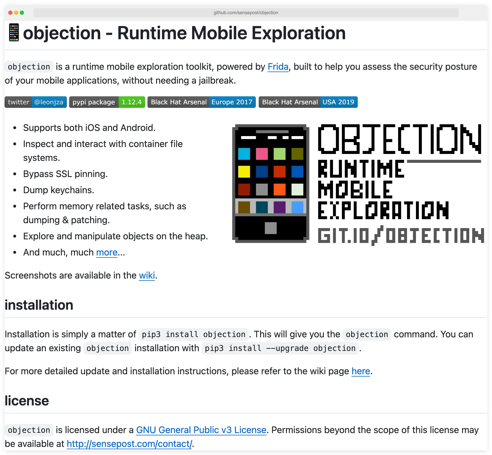 Objection README hero showing the 'objection - Runtime Mobile Exploration' pixel-art logo, Black Hat Arsenal Europe 2017 and USA 2019 badges, pypi package badge for v1.12.4, and the bullet list of capabilities: iOS and Android support, container file system interaction, SSL pinning bypass, keychain dumping, memory tasks and patching, heap object exploration, and the GPL-3.0 license footer.