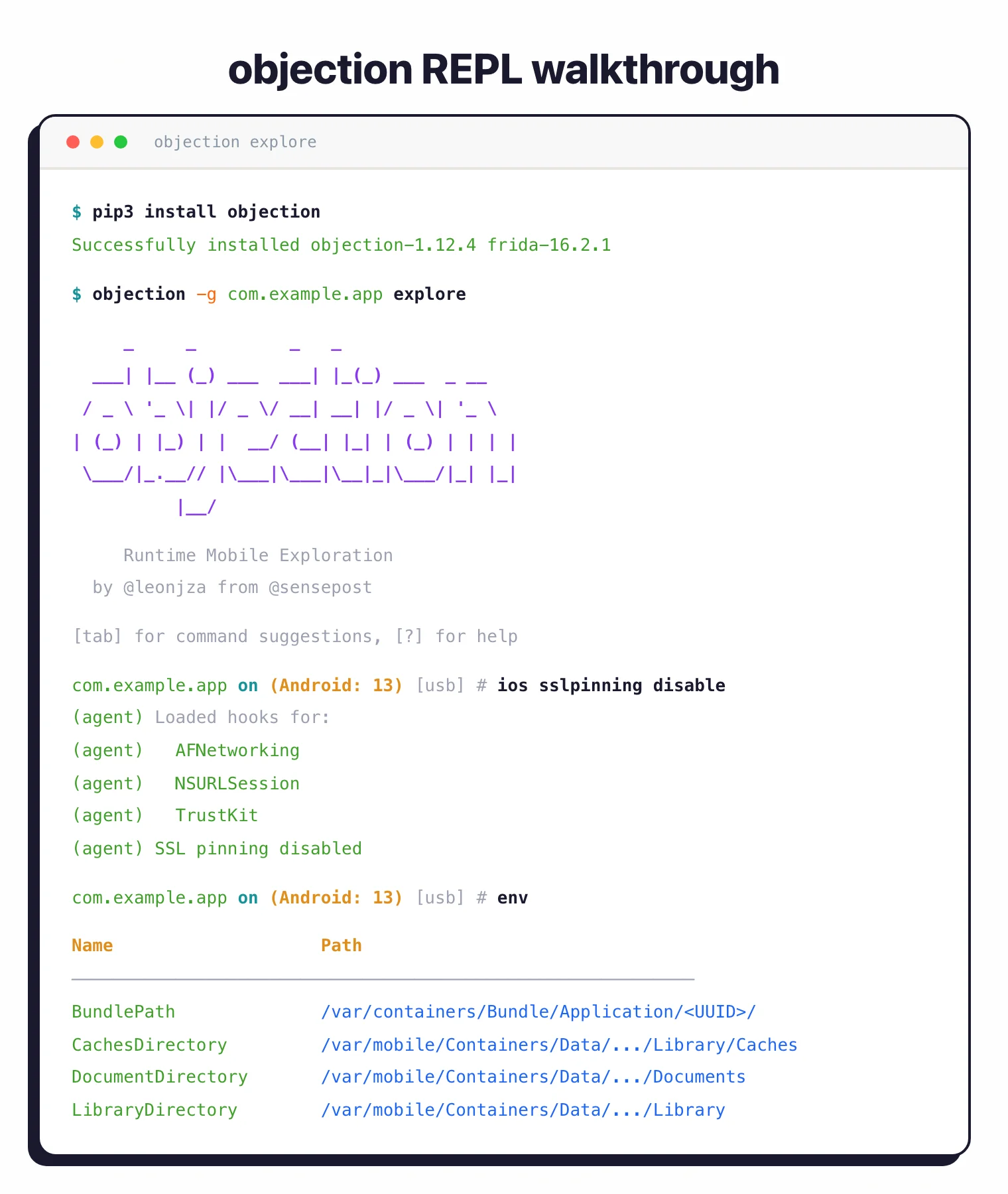 objection REPL walkthrough showing pip install, explore command connecting to a running app, and interactive commands disabling SSL pinning