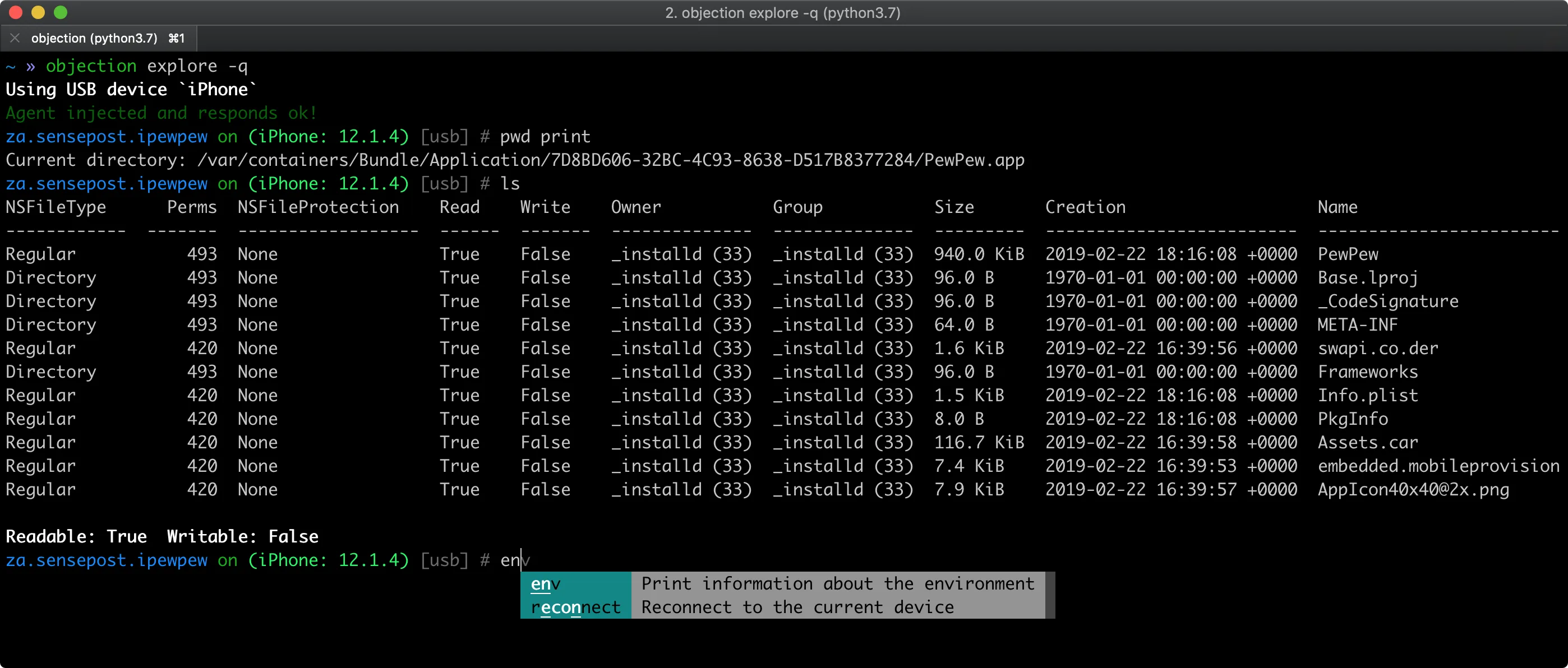 Objection iOS file system listing showing app sandbox directories and files