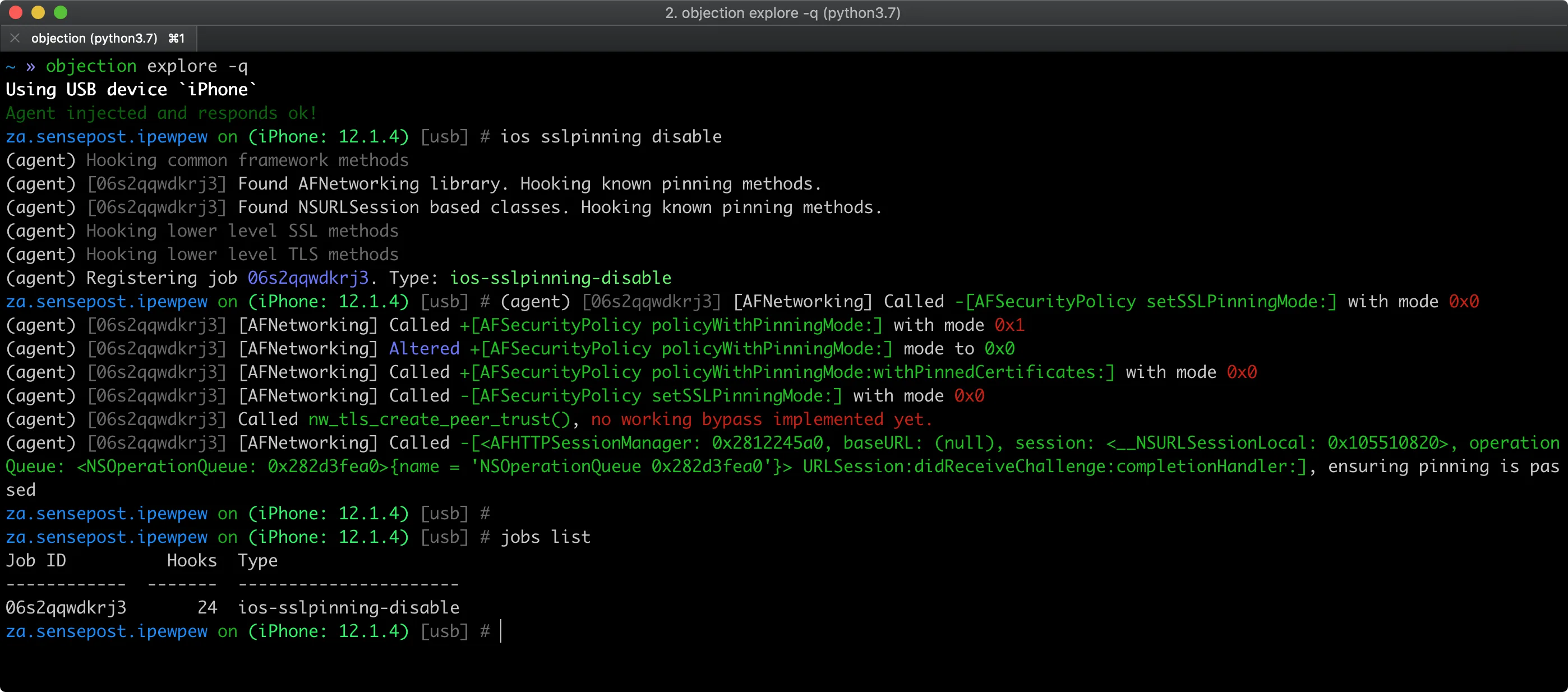 Objection iOS SSL pinning bypass command disabling certificate validation at runtime