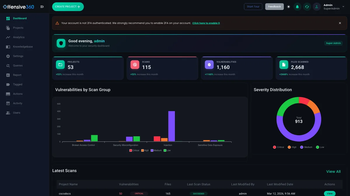 Offensive360 dashboard showing projects, scans, vulnerability counts, vulnerabilities by scan group and severity distribution