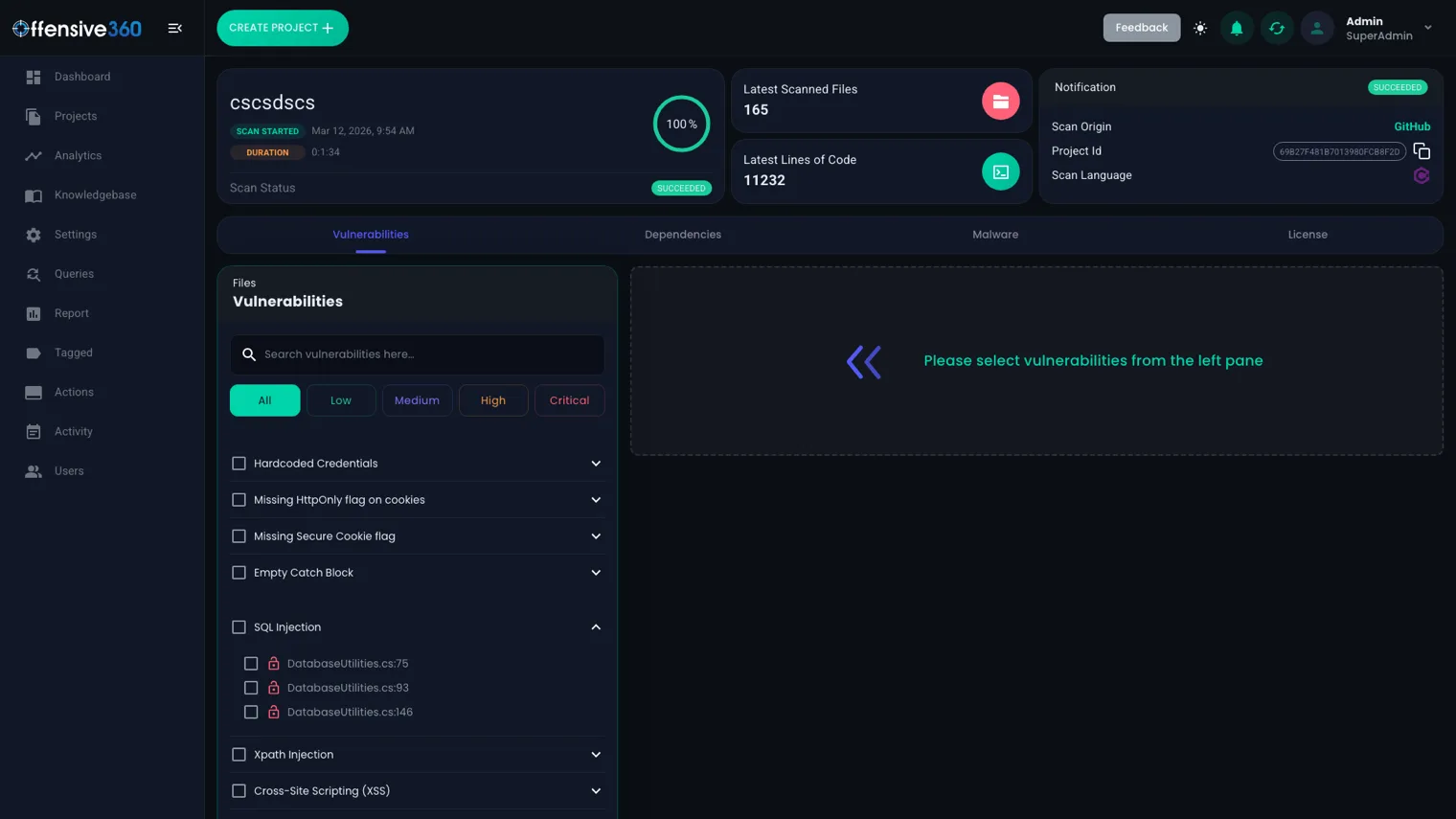 Offensive360 SAST scan detail with scan status, lines of code, and tabs for vulnerabilities, dependencies, malware and license findings