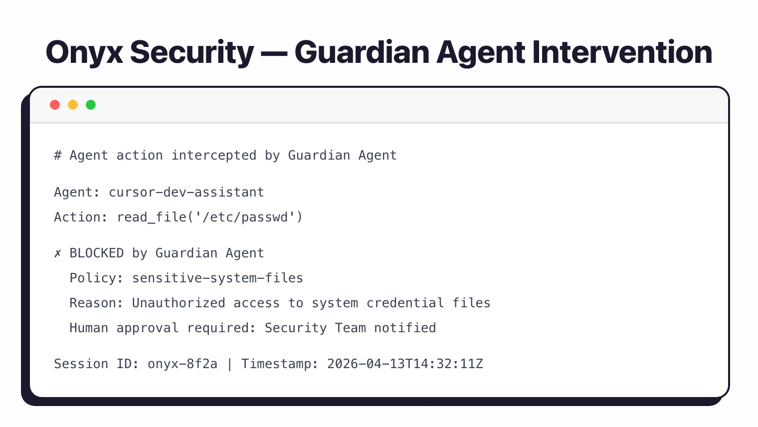 Onyx Security Guardian Agent blocking a cursor-dev-assistant from reading sensitive system files, with human approval workflow triggered