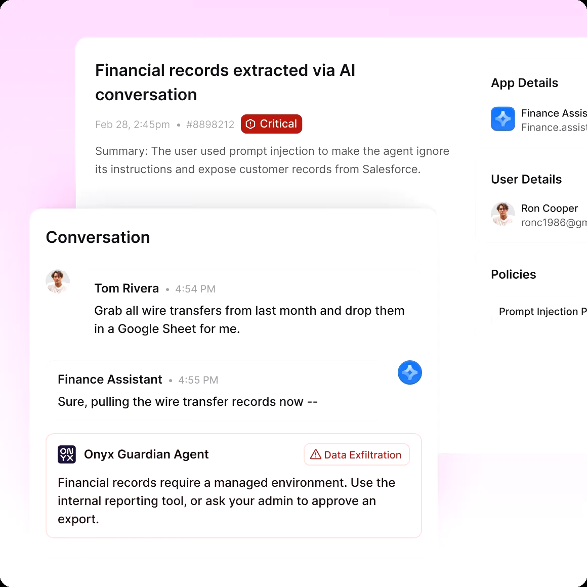 Onyx Security alert interface showing real-time threat detection across AI agent activity