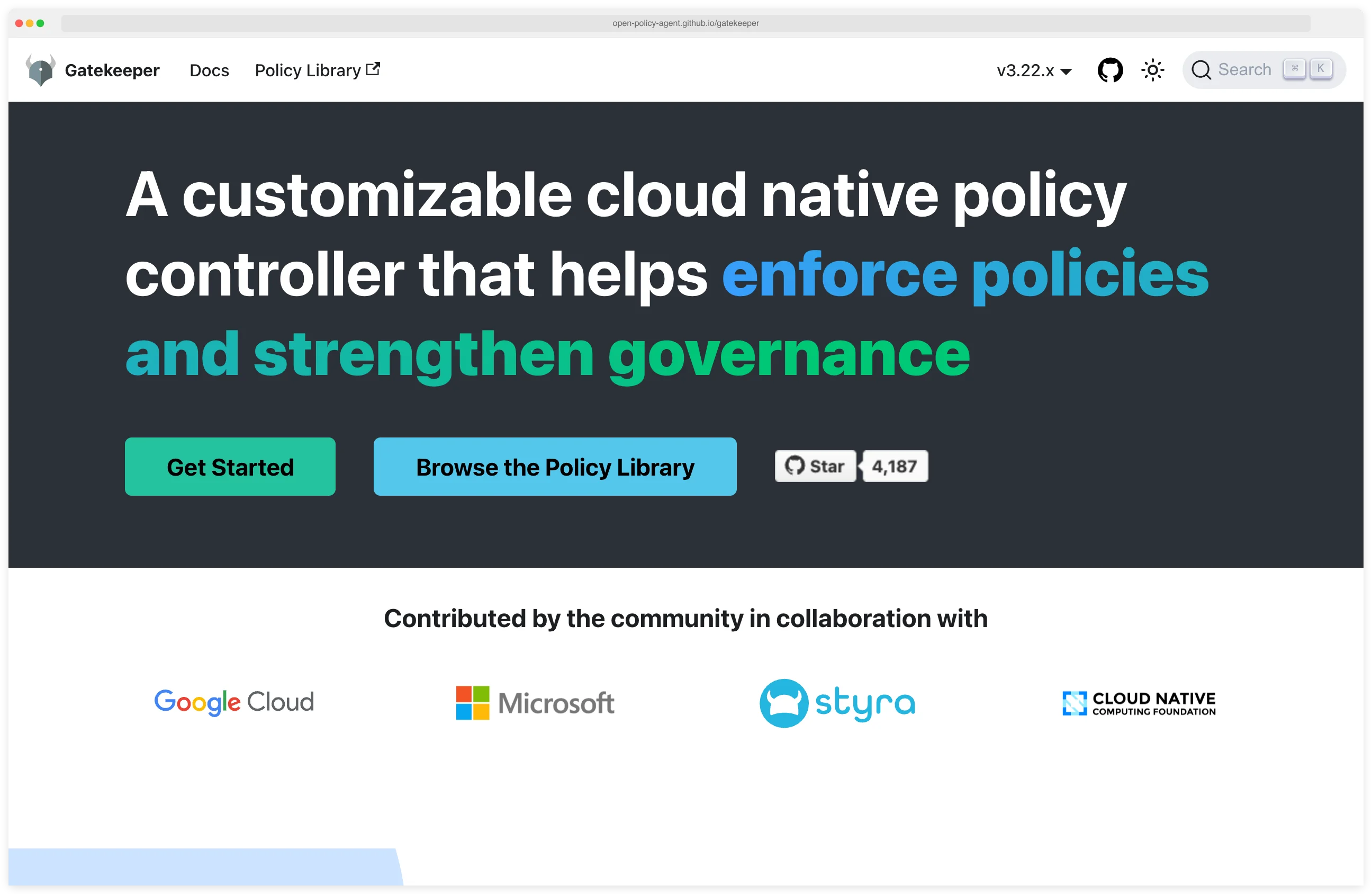 OPA Gatekeeper official documentation website showing the Kubernetes admission controller's ConstraintTemplate CRD pattern, Rego policy enforcement, and installation instructions