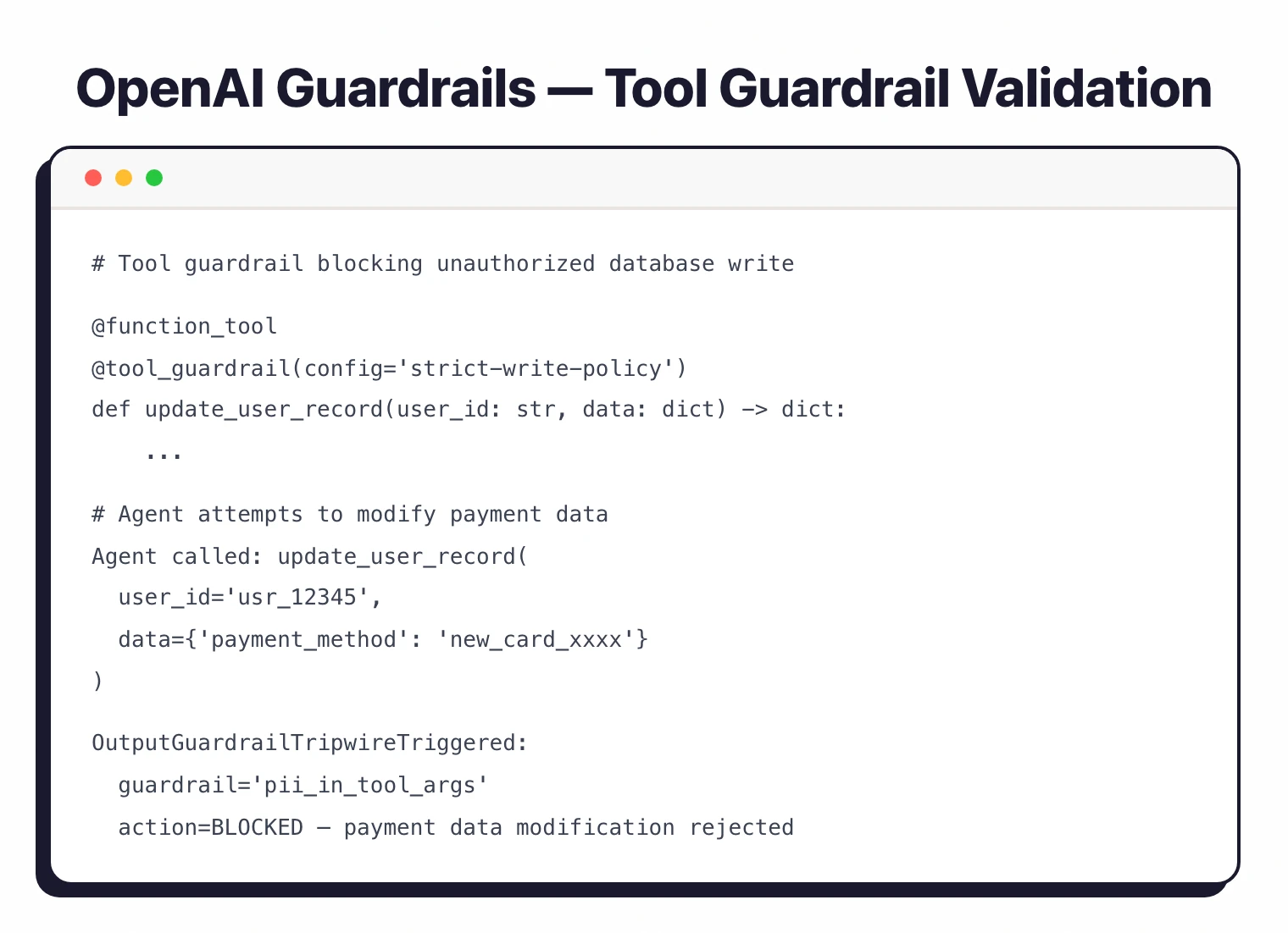OpenAI Guardrails tool guardrail blocking an agent function call with pii_in_tool_args tripwire raising OutputGuardrailTripwireTriggered and rejecting a payment data modification