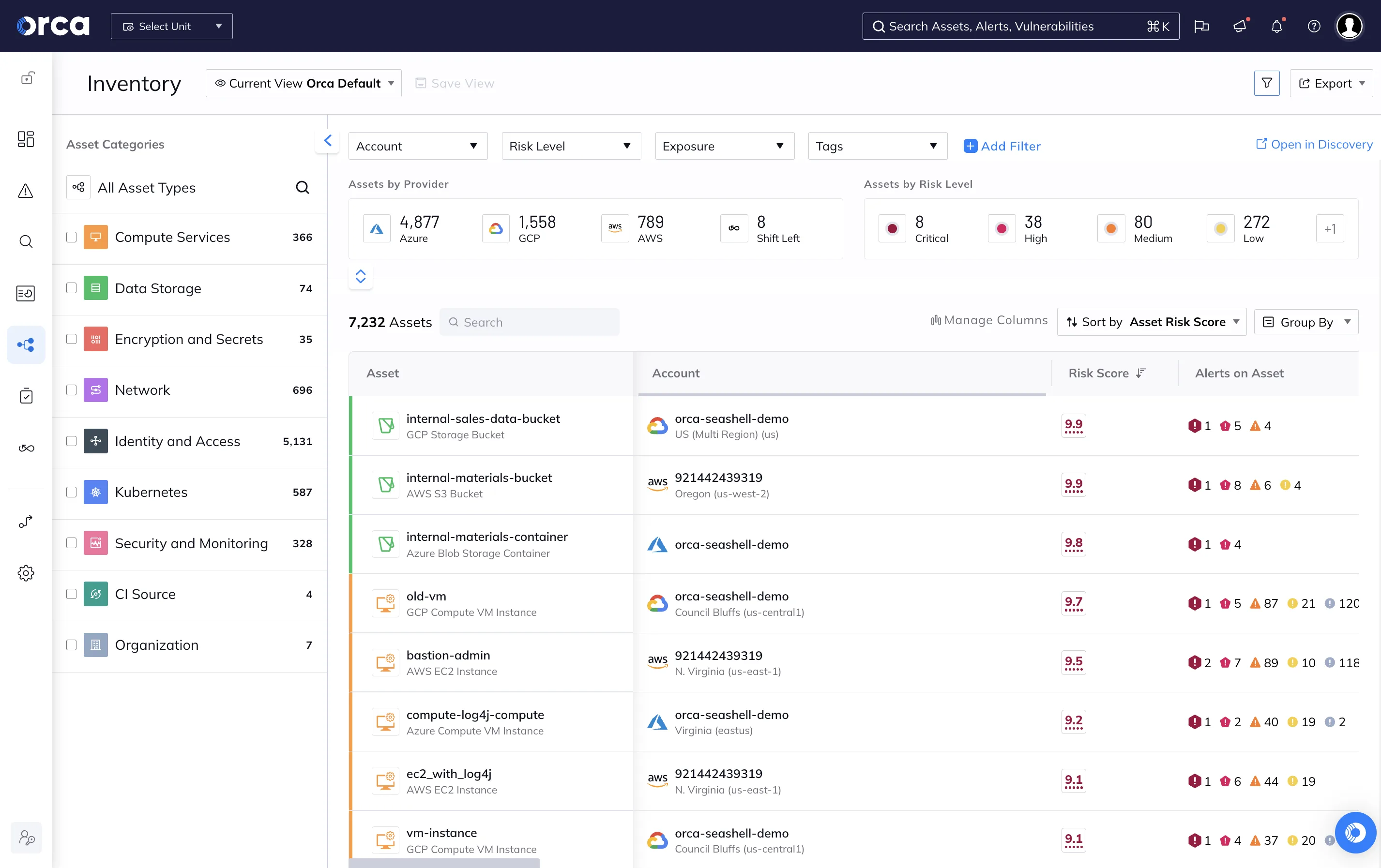 Orca Security asset inventory showing cloud resource coverage across compute, storage, and networking