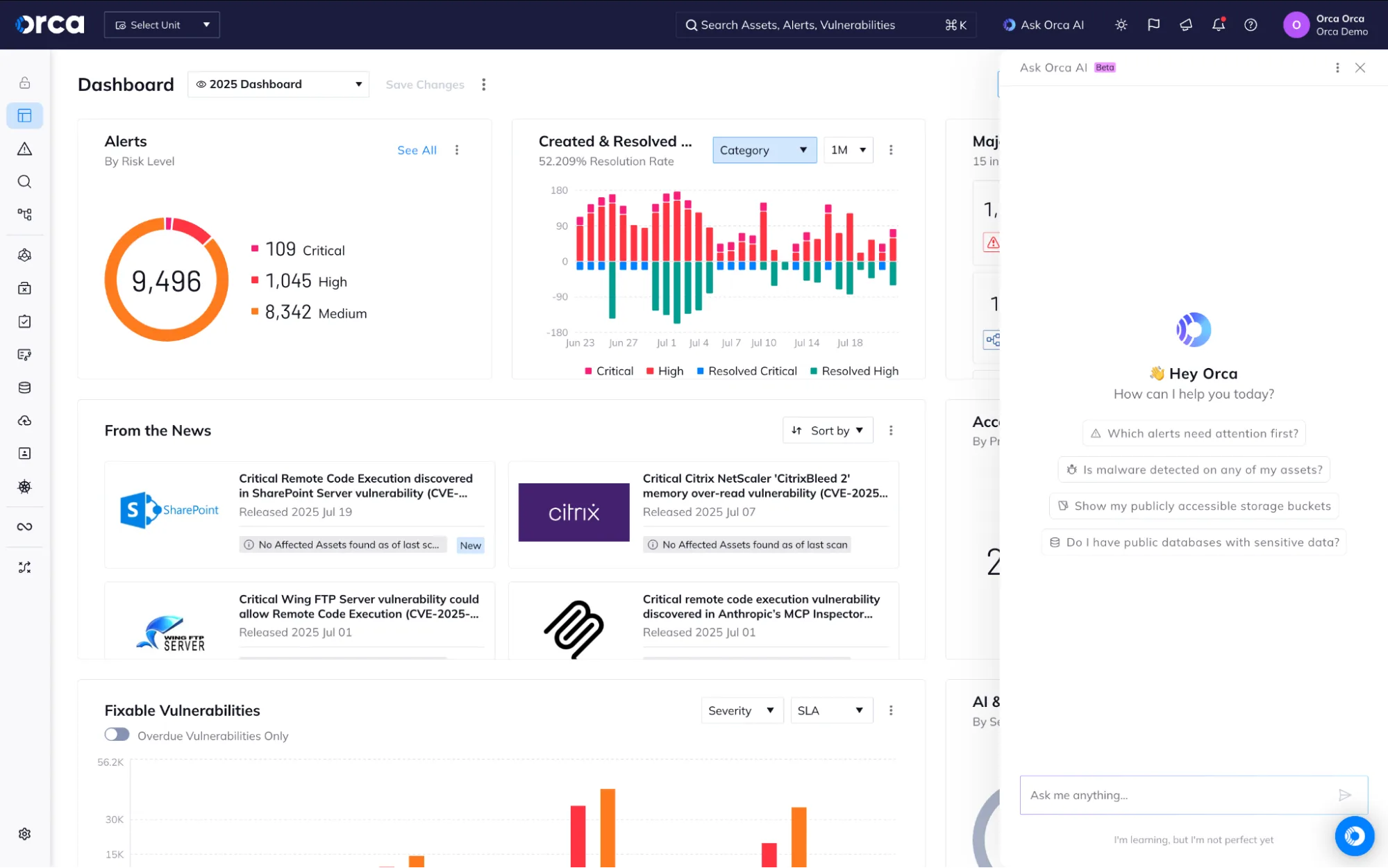 Orca Security platform dashboard showing cloud security posture and risk overview