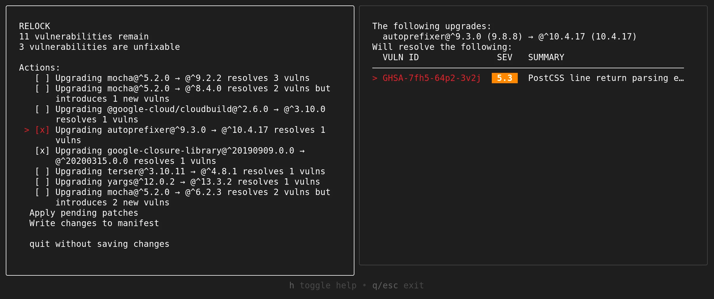 OSV-Scanner guided remediation interface showing suggested patch versions and lock file updates for vulnerable dependencies