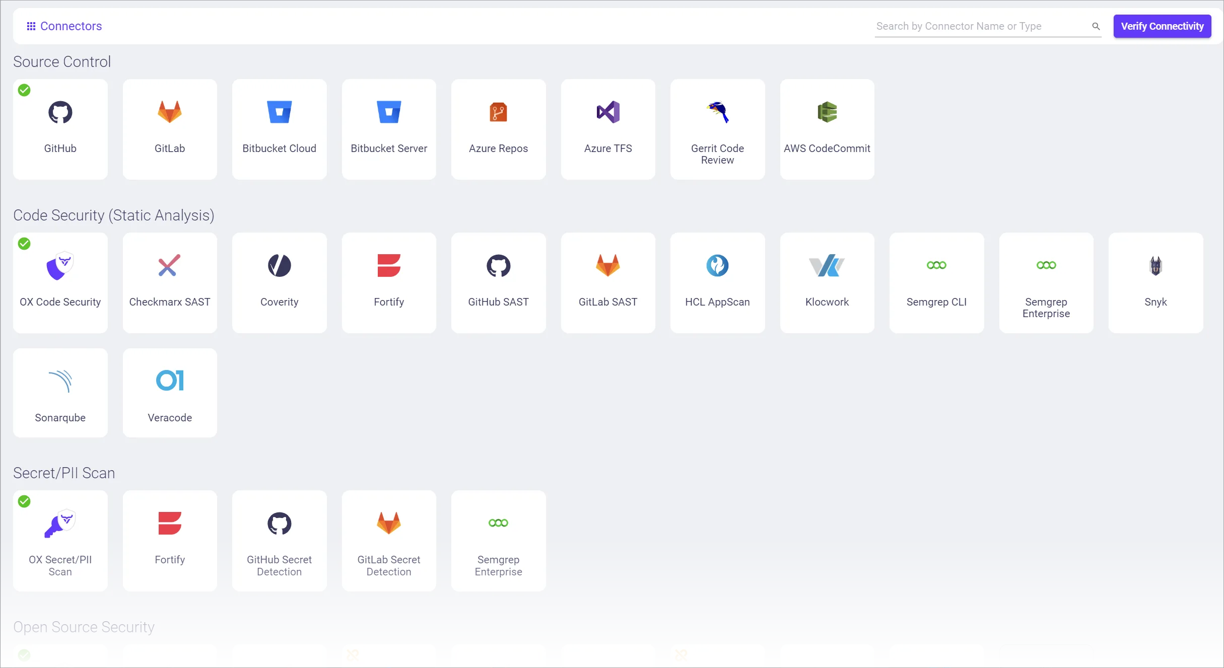 OX Security connectors showing integration options across the SDLC