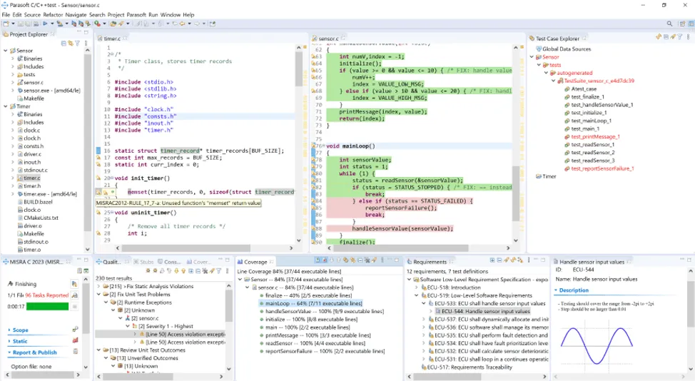 Parasoft C/C++test functional safety compliance view showing MISRA rule checks and code coverage mapping