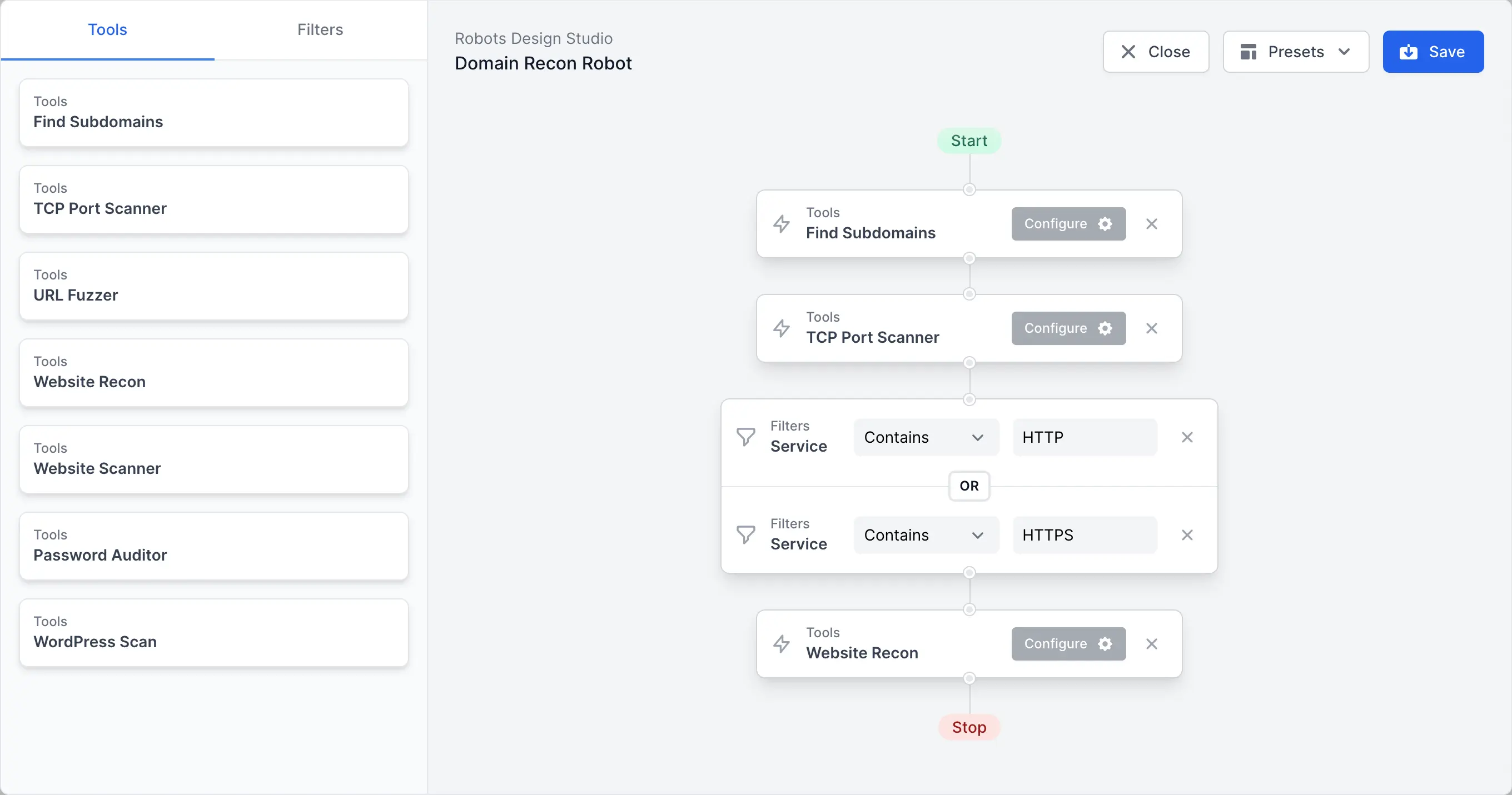 Pentest-Tools.com Pentest Robots automation interface showing chained tool workflow configuration