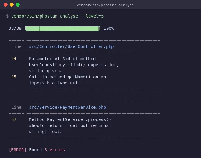 PHPStan analysis output showing type errors grouped by file with line numbers and detailed error descriptions