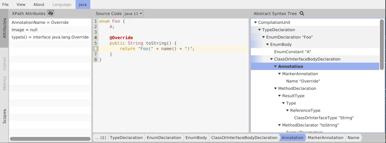 PMD Rule Designer showing source code editor and AST tree view for writing custom rules