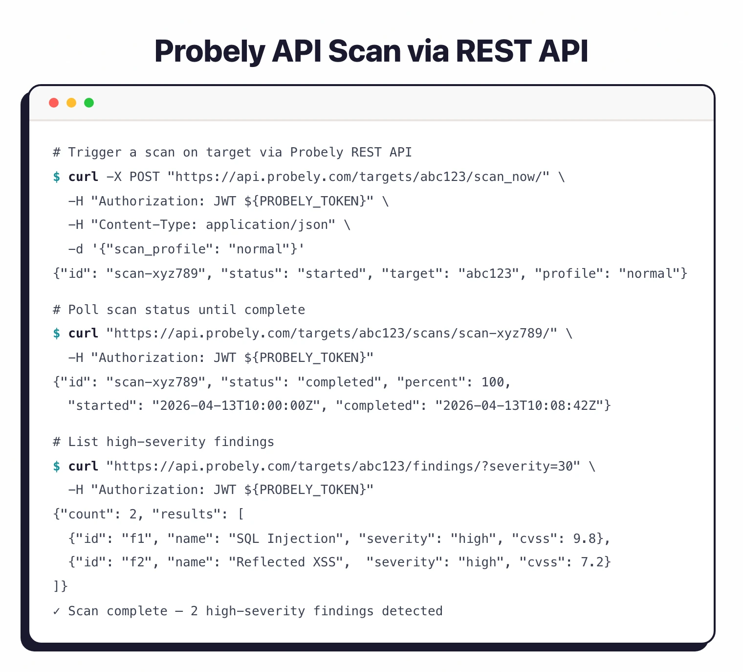 Probely REST API scan workflow: triggering a scan, polling for completion, and retrieving high-severity findings with curl