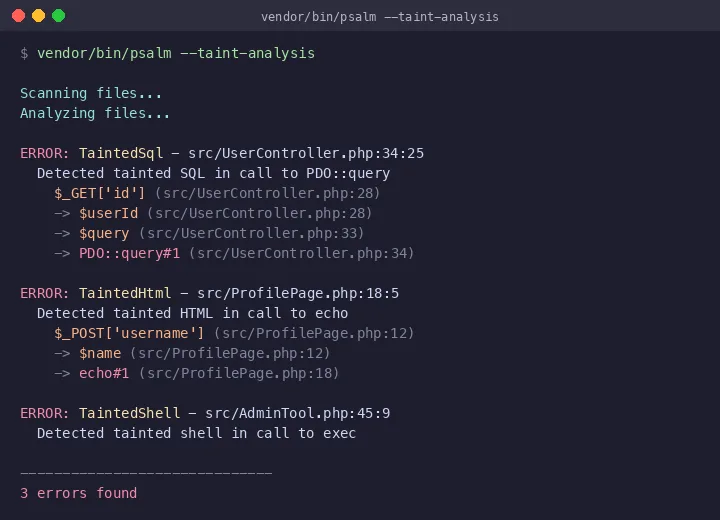 Psalm taint analysis output showing TaintedSql, TaintedHtml, and TaintedShell detections with full data flow traces from source to sink
