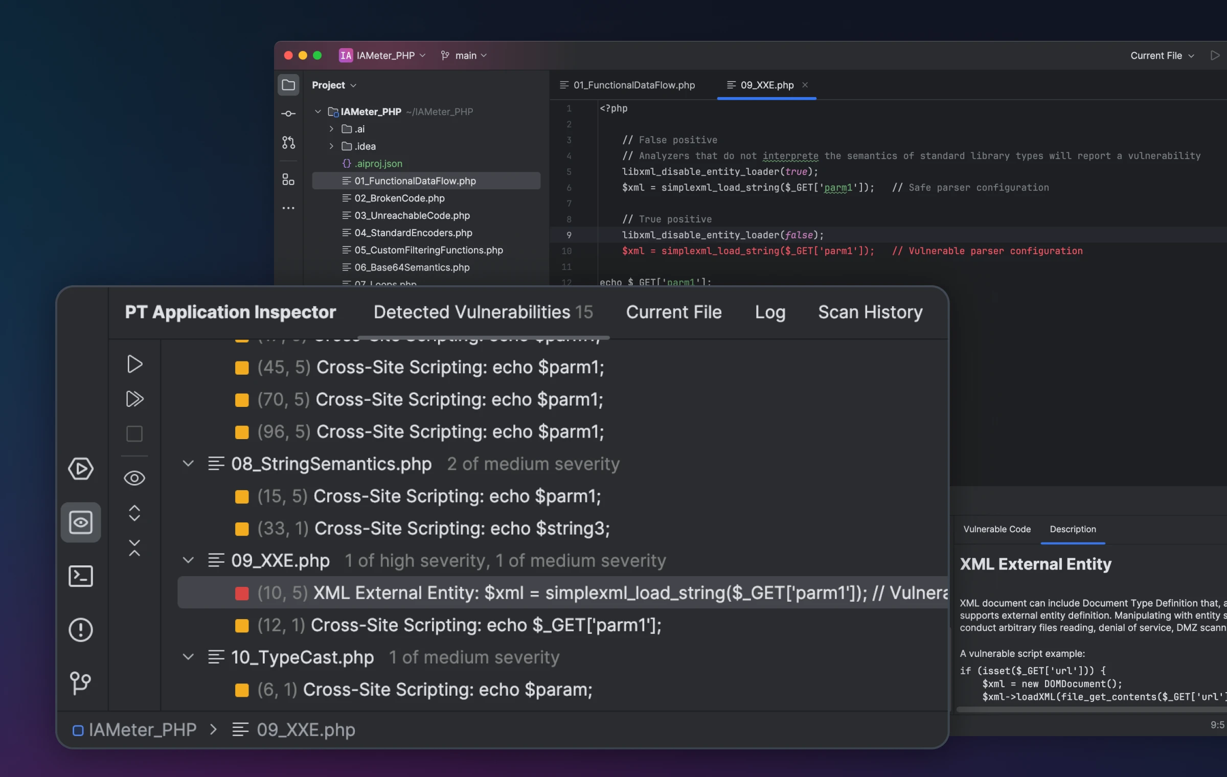 PT Application Inspector IntelliJ IDEA plugin showing 15 detected vulnerabilities panel alongside source code, with Cross-Site Scripting and XML External Entity findings listed by file