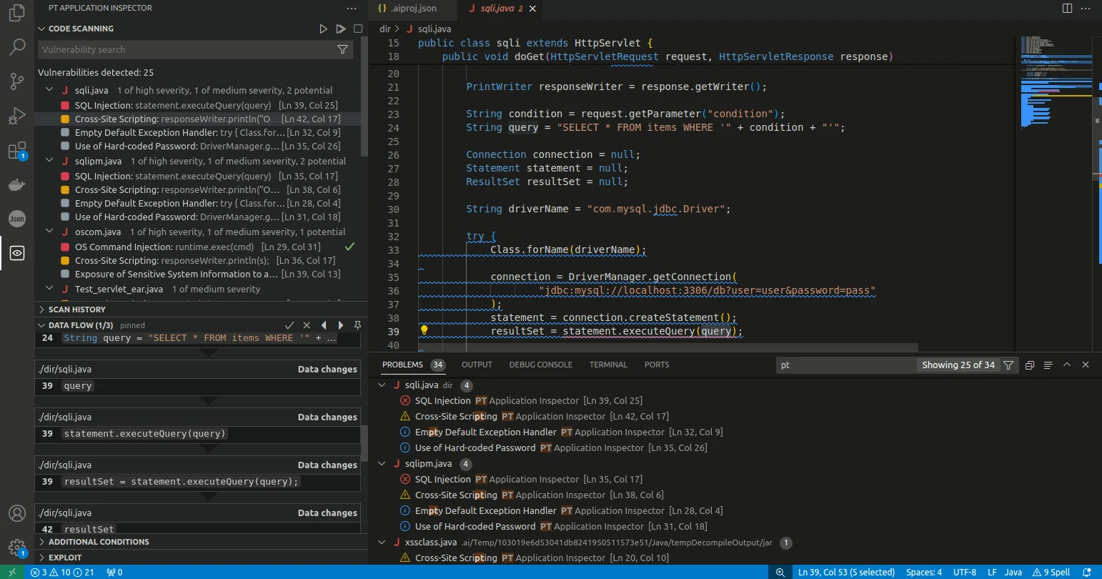 PT Application Inspector data flow diagram tracing a SQL injection taint path through doGet, request.getParameter, condition variable, and statement.executeQuery in VS Code